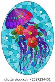 A stained glass illustration with an abstract jellyfish in flowers on a water background, oval image