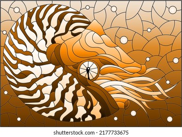 Stained glass illustration with a abstract nautilus on a background of water and air bubbles, tone brown