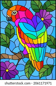 Stained glass illustration with an abstract parrot on a branch of a flowering tree on a blue background, rectangular image