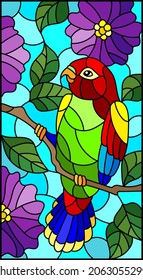 Stained glass illustration with an abstract parrot on a branch of a flowering tree on a blue background, rectangular image