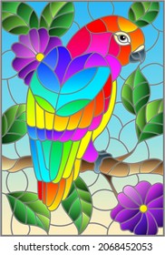 Stained glass illustration with an abstract parrot on a branch of a flowering tree on a blue background, rectangular image