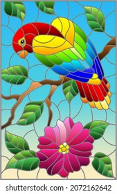 Stained glass illustration with an abstract parrot on a branch of a flowering tree on a blue background, rectangular image