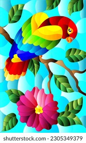 Stained glass illustration with an abstract parrot on a branch of a flowering tree on a blue background, rectangular image