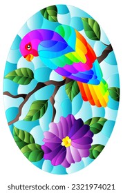 Stained glass illustration with an abstract parrot on a branch of a flowering tree on a blue background, oval image