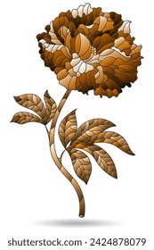 A stained glass illustration with an abstract peony flower, isolated on a white background, tone brown