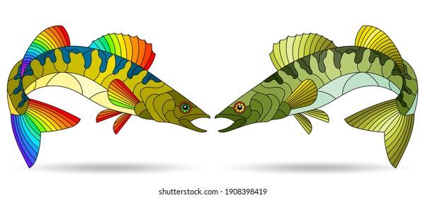 A stained glass illustration with abstract pike perch fishes isolated on a white background