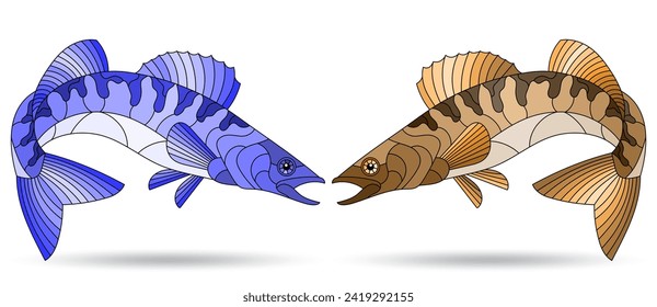 A stained glass illustration with abstract pike perch fishes isolated on a white background, tone blue and brown