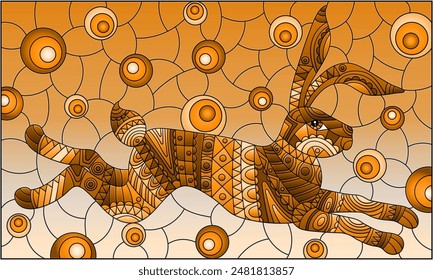 Stained glass illustration with abstract  rabbit, rectangular image, tone brown