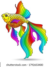 Stained glass illustration with an abstract rainbow goldfish isolated on a white background