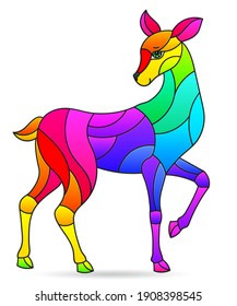 Ilustración de vidrio manchado con un ciervo arco iris abstracto, el animal aislado en un fondo blanco