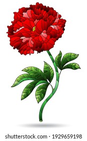 A stained glass illustration with an abstract red peony flower, isolated on a white background