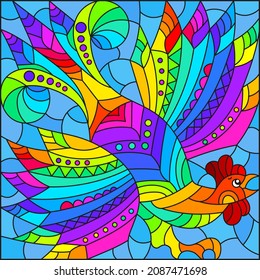 Stained glass illustration with an abstract rooster on a blue background, rectangular image
