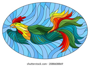 Stained glass illustration with an abstract rooster on a blue background, oval image