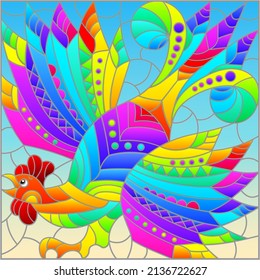 Stained glass illustration with an abstract rooster on a blue background, rectangular image