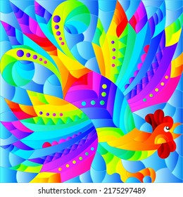 Stained glass illustration with an abstract rooster on a blue background, rectangular image