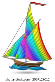 Stained glass illustration with abstract sailing ship , figure isolated on white background
