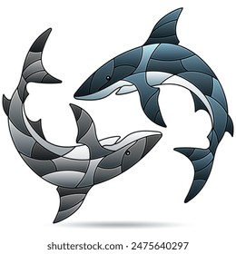 Stained glass illustration with abstract sharks, animals isolated on a white background