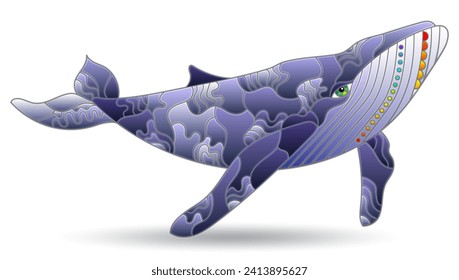 Stained glass illustration with abstract whale, animal isolated on a white background