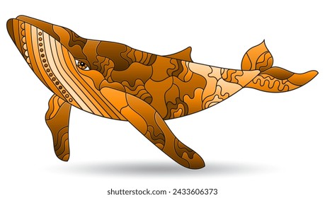 Stained glass illustration with abstract whale, animal isolated on a white background, tone brown