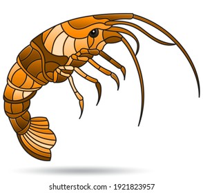 A stained glass illustration with an abstracti shrimp, the animal isolated on a white background,monochrome,tone brown 