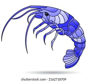 A stained glass illustration with an abstracti shrimp, the animal isolated on a white background,monochrome,tone blue