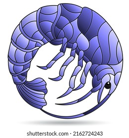 A stained glass illustration with an abstracti shrimp, the animal isolated on a white background,monochrome,tone blue 