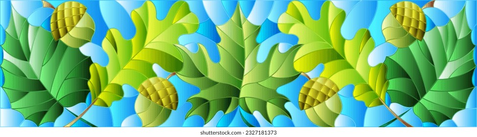 Stained glass illustration with acorns maple and oak leaves on a blue sky background