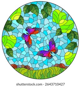 Stained glass illustration with apple branches and butterflies on a meadow and sky background