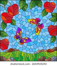 Stained glass illustration with apple branches and butterflies on a meadow and sky background