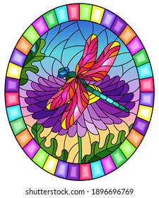 Stained glass illustration with a beautiful  flower and a bright  dragonfly against a blue sky, oval image
