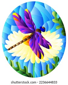 Stained glass illustration with a beautiful  flower and a bright purple dragonfly against a blue sky, oval image
