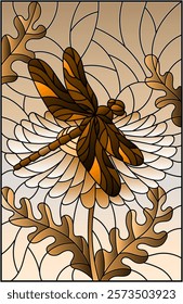 Stained glass illustration with a beautiful flower and a  dragonfly against a sky, tone brown