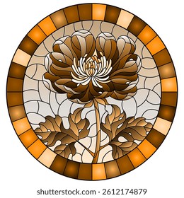 Stained glass illustration with a beautiful  flower, oval image, tone brown