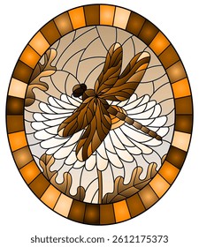 Stained glass illustration with a beautiful  flower and a dragonfly against a sky, oval image, tone brown