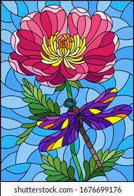 Stained glass illustration with a beautiful pink flower and a bright dragonfly against a blue sky
