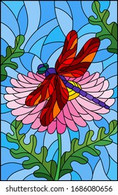 Stained glass illustration with a beautiful pink flower and a bright red dragonfly against a blue sky