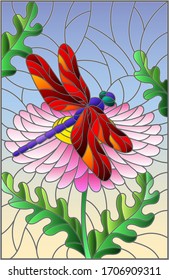 Stained glass illustration with a beautiful pink flower and a bright red dragonfly against a blue sky
