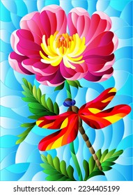 Stained glass illustration with a beautiful pink flower and a bright dragonfly against a blue sky
