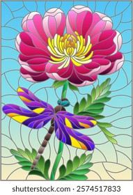 Stained glass illustration with a beautiful pink flower and a bright dragonfly against a blue sky