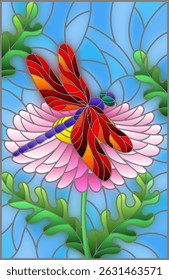 Stained glass illustration with a beautiful pink flower and a bright red dragonfly against a blue sky