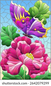 Stained glass illustration with a beautiful pink flower and a bright butterfly against a blue sky