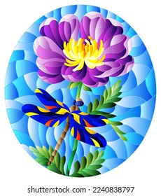 Stained glass illustration with a beautiful purple flower and a bright red dragonfly against a blue sky, oval image 