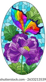 Stained glass illustration with a beautiful purple flower and a bright butterfly against a blue sky