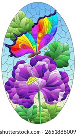 Stained glass illustration with a beautiful purple flower and a bright butterfly against a blue sky
