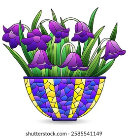 Stained glass illustration with bell flowers bouquet , dark outlines on a white background