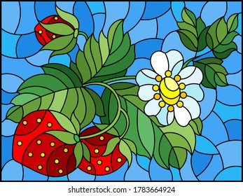 Stained glass illustration with berries, leaves and strawberry flowers on a blue background