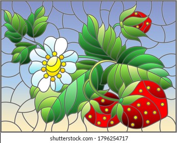 Stained glass illustration with berries, leaves and strawberry flowers on a blue background