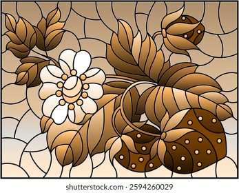 Stained glass illustration with berries, leaves and strawberry flowers, tone brown