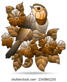 A stained glass illustration with a bird, flowers and leaves, isolated on a white background, tone brown