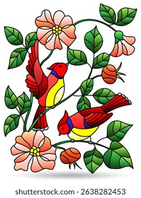 Stained glass illustration with birds on rosehip branches, isolated on a white background